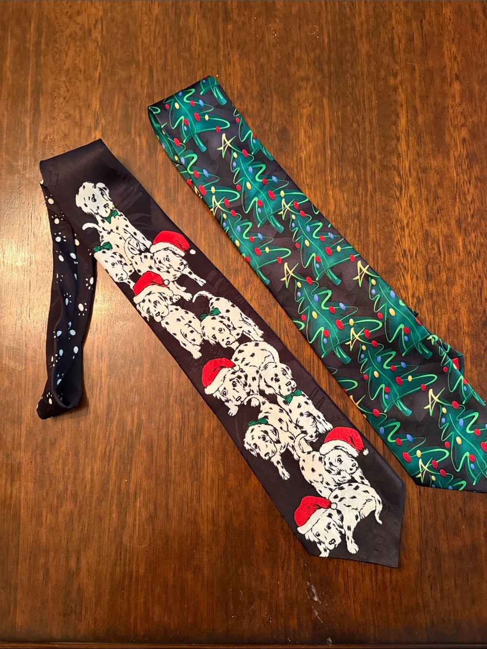Lot of 2 Holiday Novelty Ties - Dalmatian & Tree Designs in Black, Green, Red